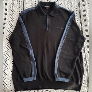 Karl Lagerfeld Men's Black and Blue Zip Polo Sweater XL